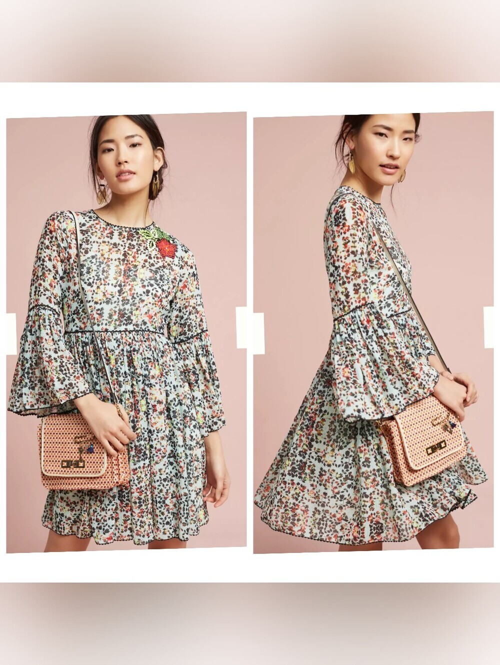 Bhanuni By Jyoti Libra Embroidered Tunic Dress Floral Bell Sleeve Boho Size 8